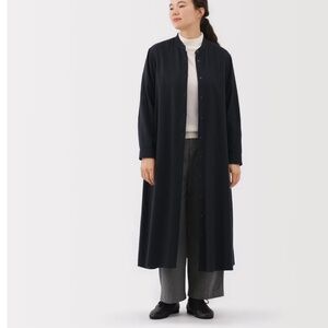 MUJI Navy Organic Flannel Shirt Dress | Cocoon Midi Button-Up Long Sleeve Cozy